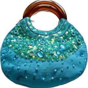 NWT Bijoux Terner Embellished Blue Handbag with Brown Handles